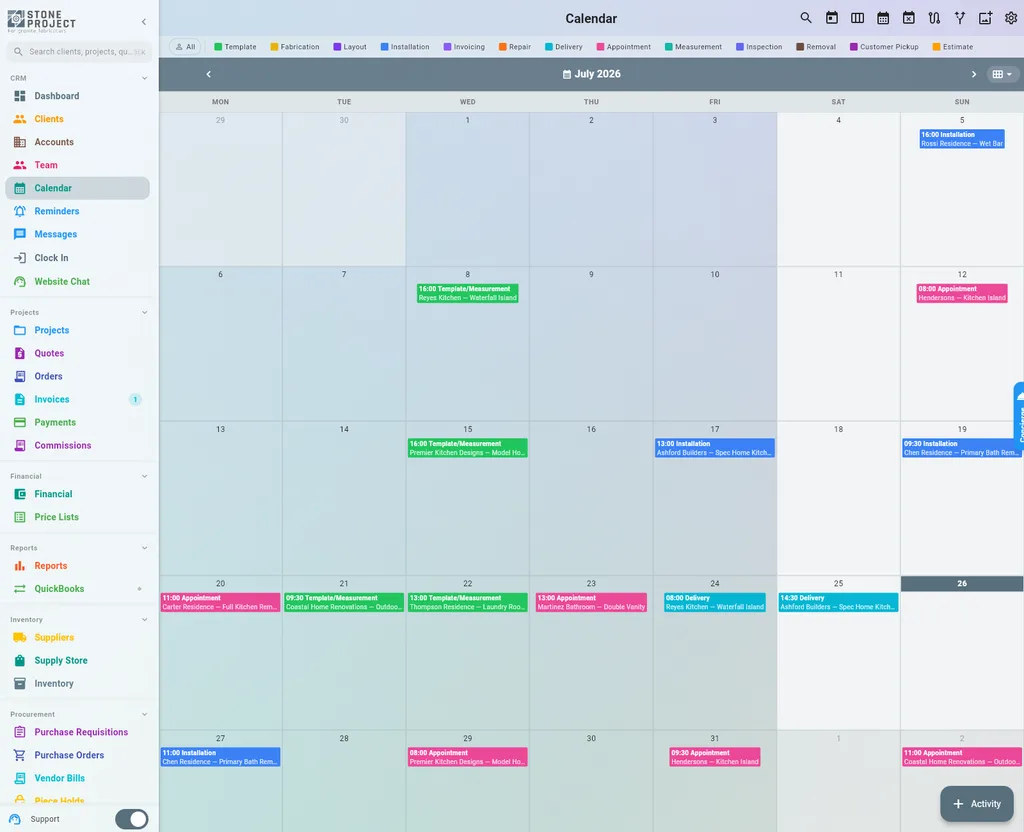 Month view calendar with color-coded template, fabrication and install activities