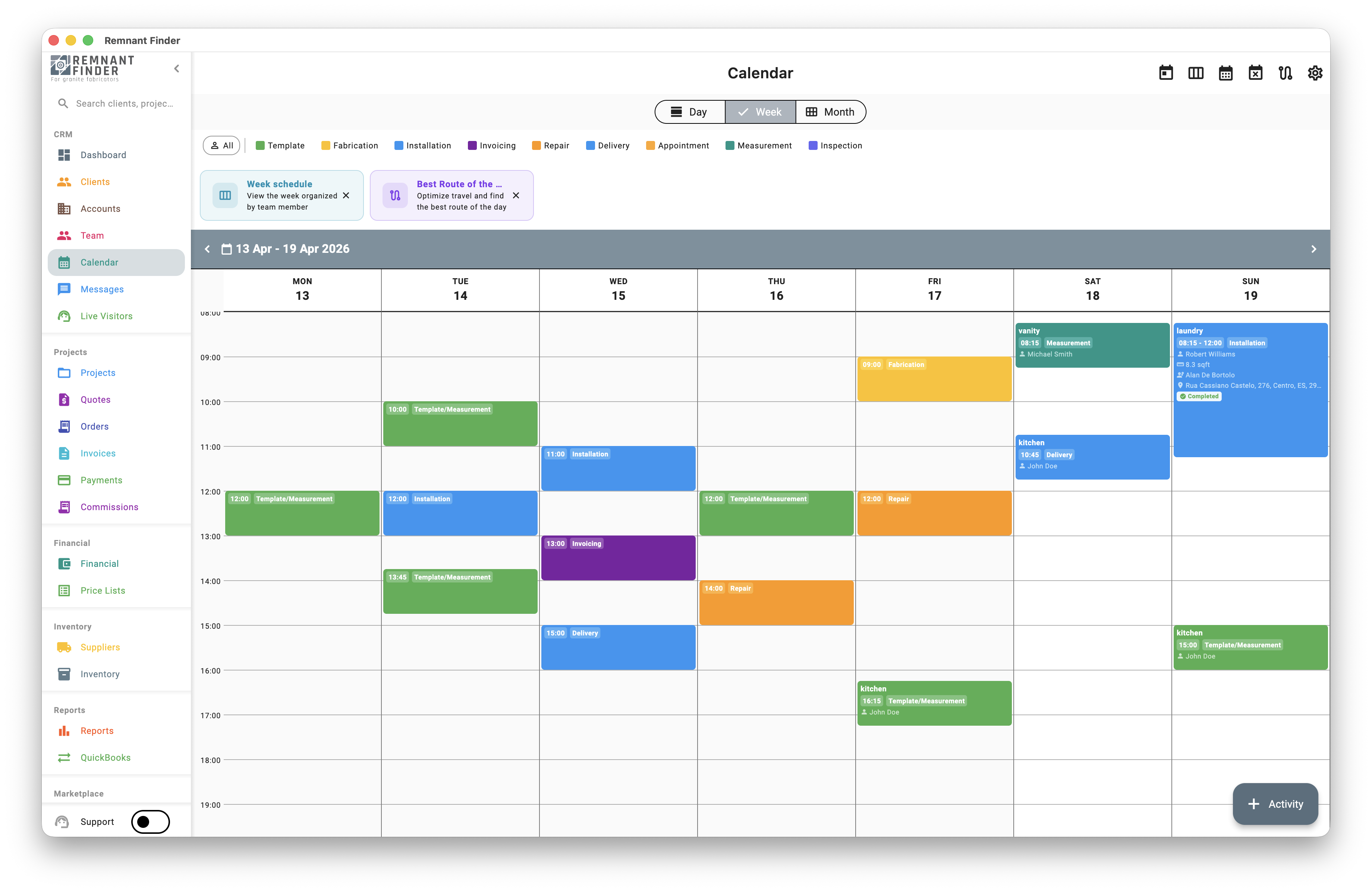 Calendar view with measurement, fabrication and installation activities scheduled across the week