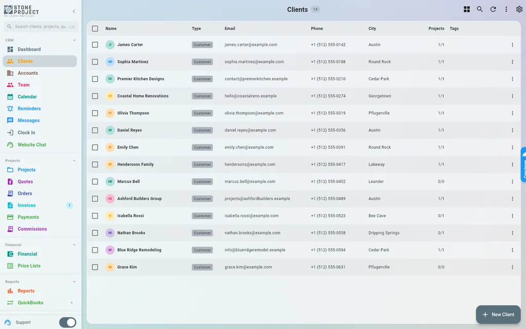 Stone Project client list showing company records for every client with contact info and job history