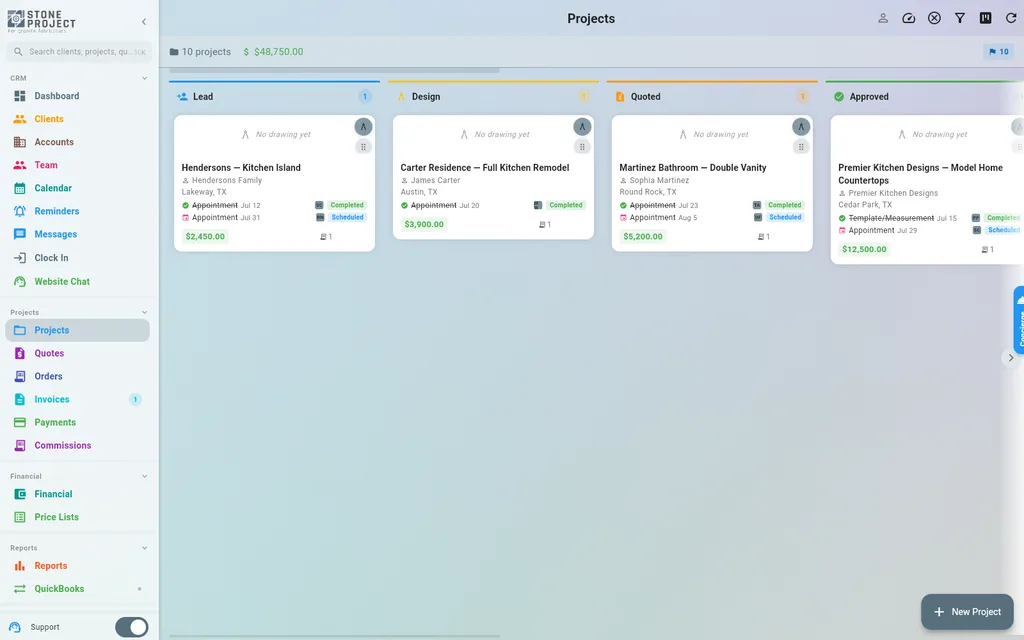 Kanban board with job cards in Lead, Design, Quoted and Approved columns