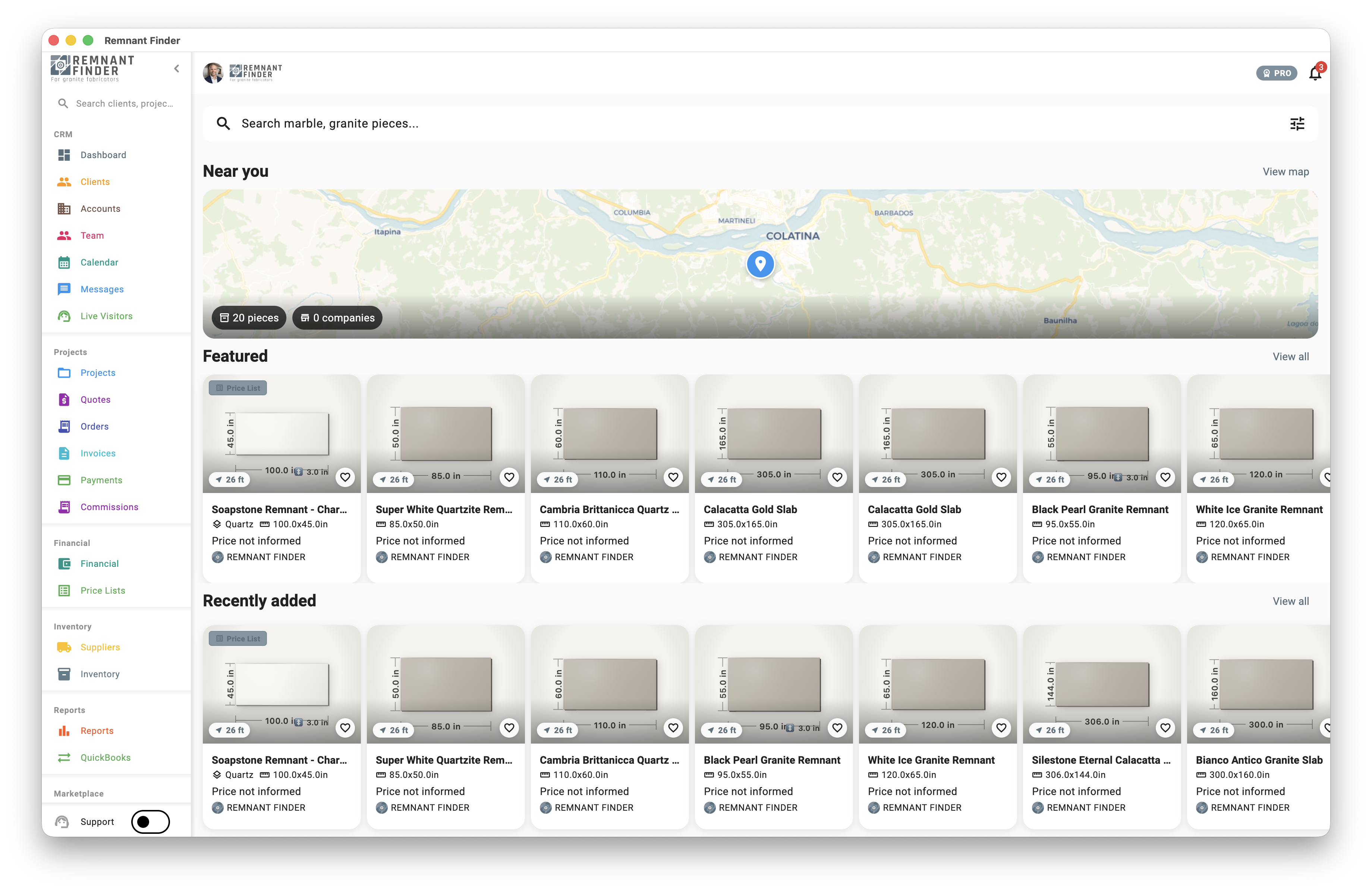 Marketplace listing of remnants with photos, dimensions and prices