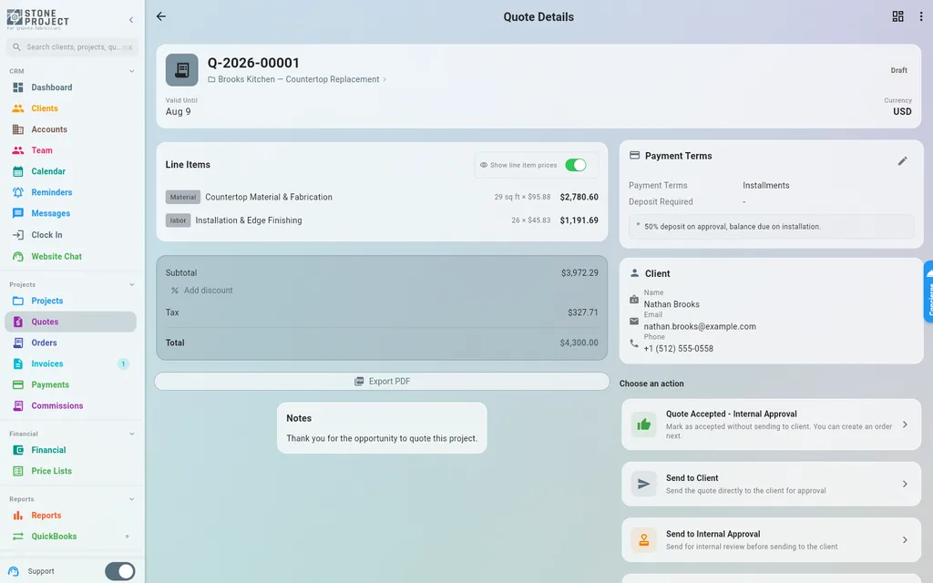 Quote detail screen with line items priced per square foot, totals and payment terms