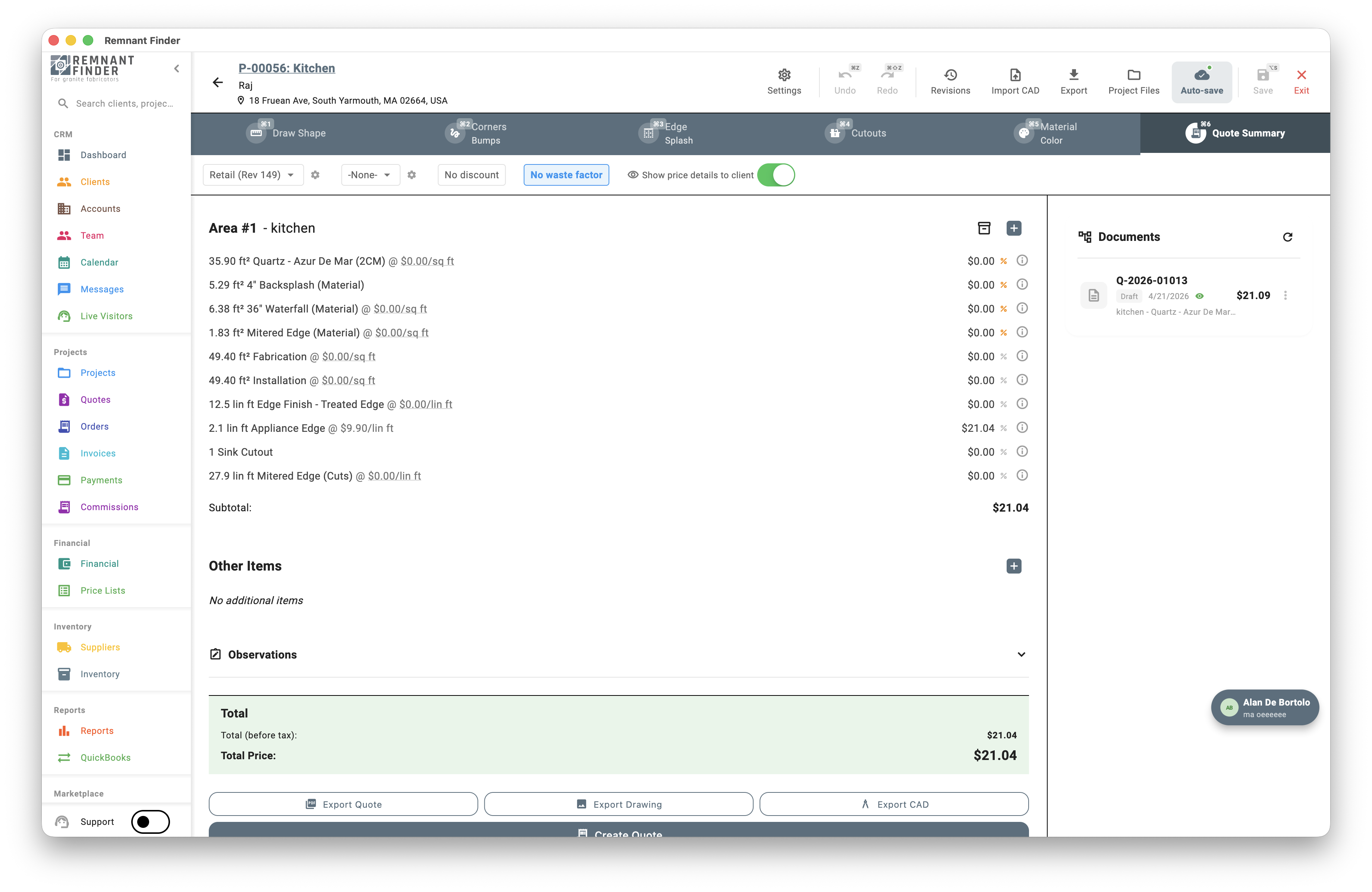 Quote and invoice view with line items, totals and payment status